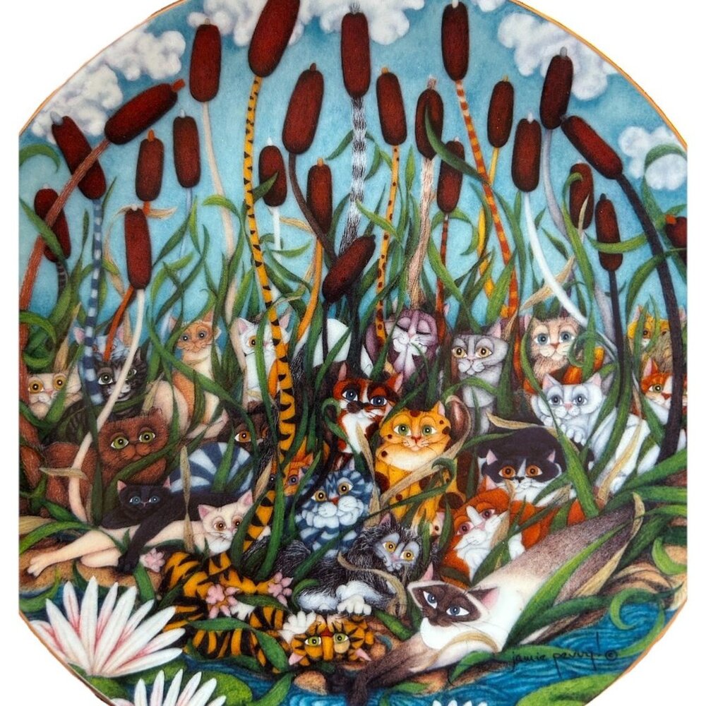 “Cattails” By Jamie Perry Collectible #1299A Porcelain Plate 24K Gold Trim Cat - Picture 2 of 5